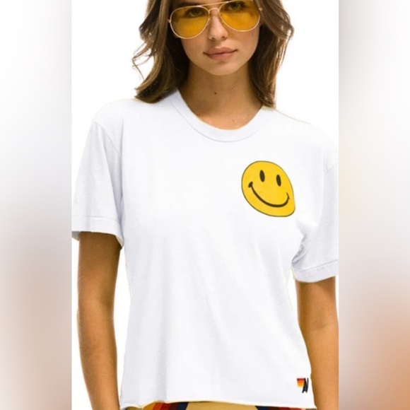 NWT Aviator Nation SMILEY 2 TEE - WHITE size 14 kids or Xs women’s - Picture 1 of 5